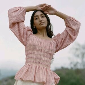 Loeffler Randall Pink Gingham Smocked Peplum Blouse | Size Medium (M)